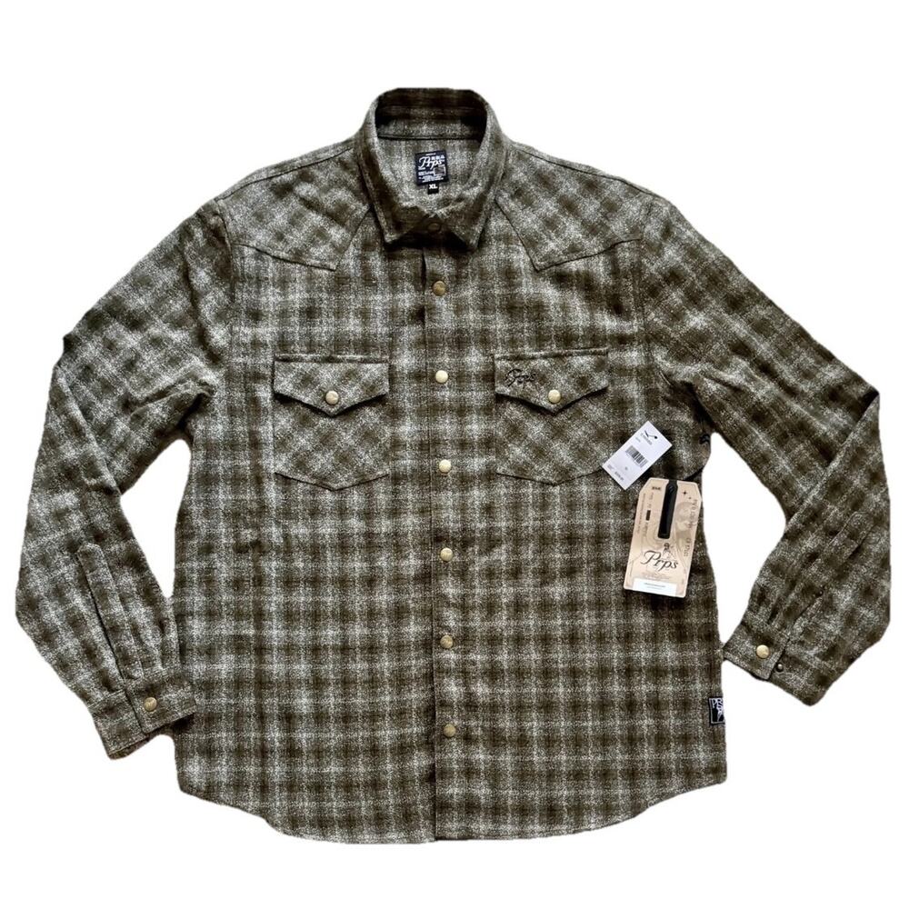 PRPS Heavyweight Plaid Flannel Button Down Wool Blend Shirt Olive (XL) MSRP $228
